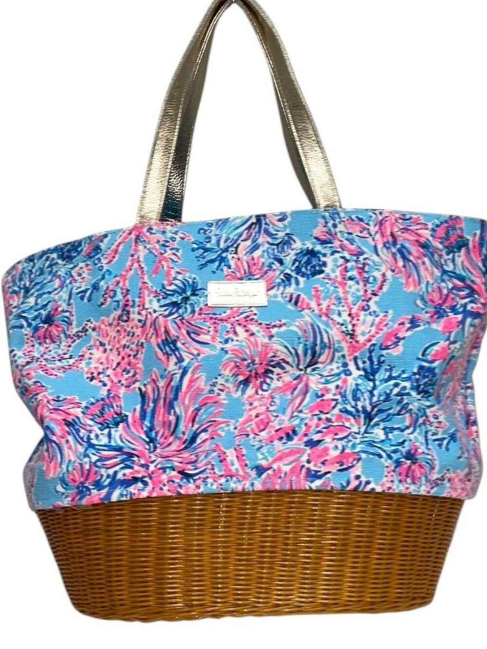 Lilly Pulitzer GWP Wicker Tote Bag Celestial Blue Seek And Sea